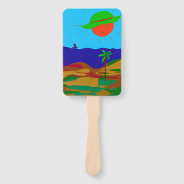 Fächer mit Sonne, Strand und Palme. ハンドファン