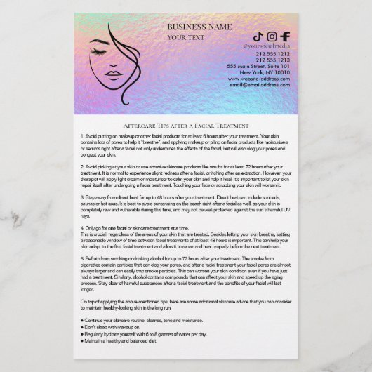 FACIAL TREATMENTS Aftercare flyer チラシ (正面)