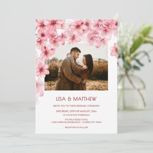  Faded Cherry Blossom Photo Wedding 招待状 (スタンド正面)