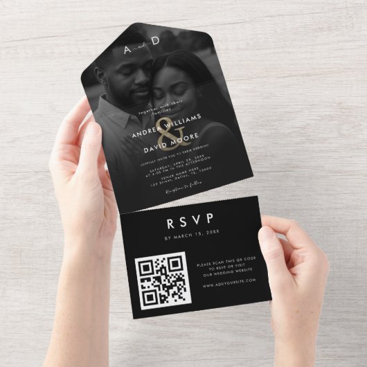 Faded Overlay Photo Gold Ampersand QR Code Wedding オールインワン招待状 (貼ってはがせる)