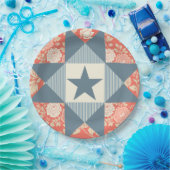Faded Red Blue Star Quilt Block Floral ペーパープレート (パーティー)