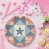 Faded Red Blue Star Quilt Block Floral ペーパープレート (パーティー)