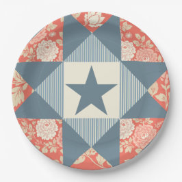 Faded Red Blue Star Quilt Block Floral ペーパープレート