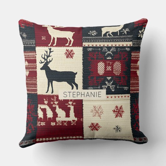 Fair Isle Knitted Patchwork | Rustic Reindeer クッション (裏面)