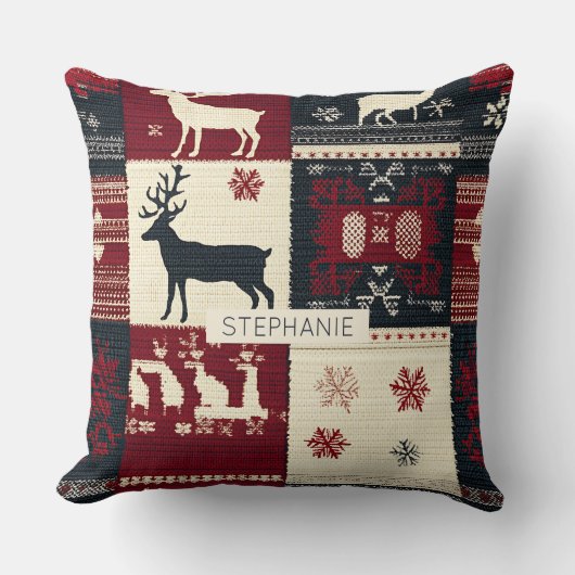 Fair Isle Knitted Patchwork | Rustic Reindeer クッション (正面)