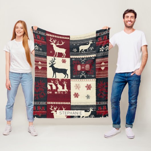 Fair Isle Knitted Patchwork | Rustic Reindeer フリースブランケット (インサイチュ)