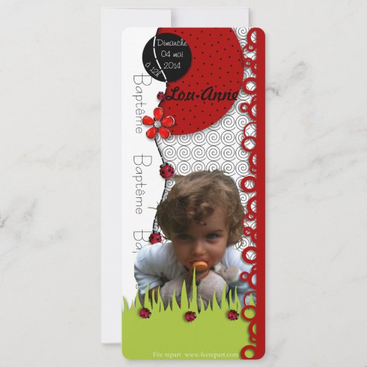 Faire-part baptême coccinelle Lou-Anne avec photo 招待状 (正面)