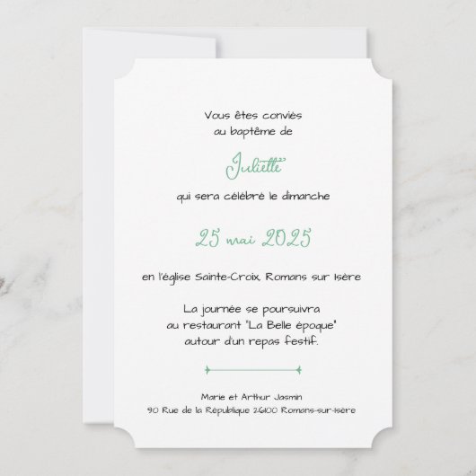 Faire-Part de Baptême Colomba 招待状 (裏面)