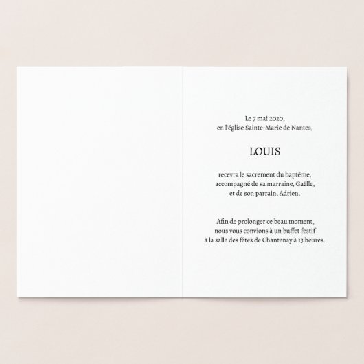 Faire-Part de Baptême traditionnel doré 箔カード (内部)