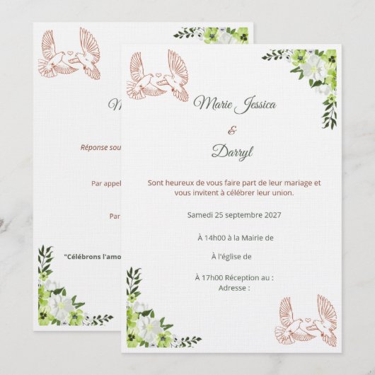 Faire-part de Mariage Élégant  招待状 (正面/裏面)