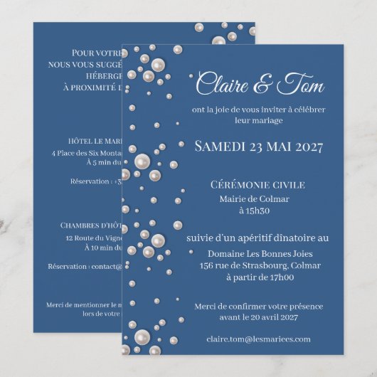 Faire-part de mariage élégant bleu marine  招待状 (正面/裏面)