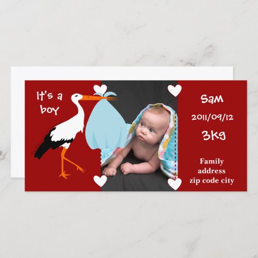 Faire-part de naissance Cigogne It's a boy 案内状 (正面/裏面)