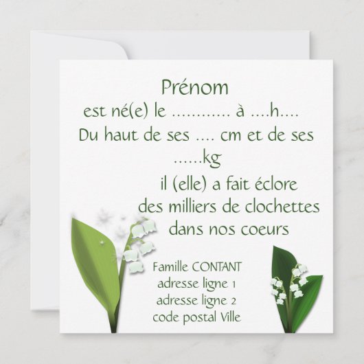 Faire-part de naissance muguet et fée felt 案内状 (裏面)