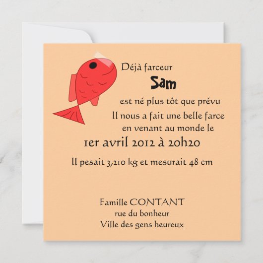 Faire-part de naissance "poisson d'avril" 案内状 (裏面)