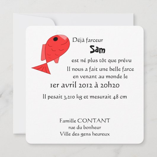 Faire-part de naissance "poisson d'avril" 案内状 (裏面)