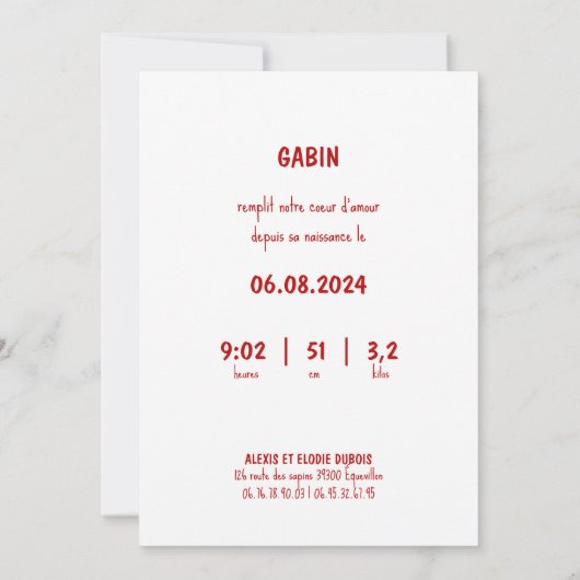 Faire-Part Gabin 招待状 (裏面)