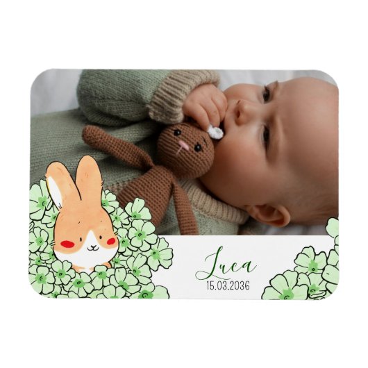 Faire-part naissance magnet Lapin et fleurs マグネット (横)