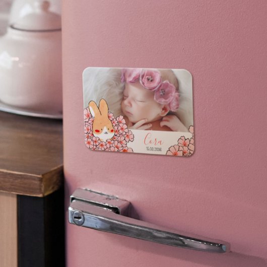 Faire-part naissance magnet Lapin et fleurs マグネット
