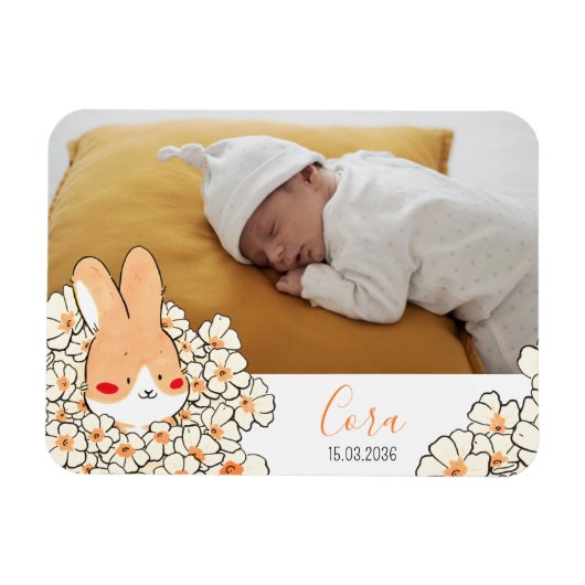Faire-part naissance magnet Lapin et fleurs マグネット (横)