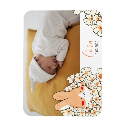 Faire-part naissance magnet Lapin et fleurs マグネット (縦)