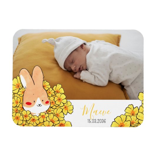 Faire-part naissance magnet Lapin et fleurs マグネット (横)
