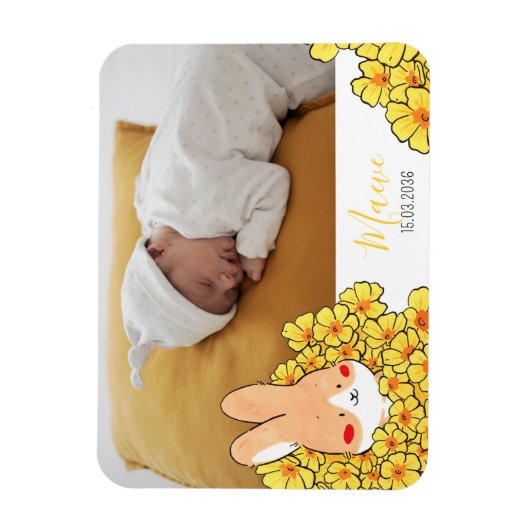 Faire-part naissance magnet Lapin et fleurs マグネット (縦)