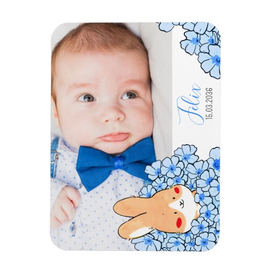 Faire-part naissance magnet Lapin et fleurs マグネット (縦)