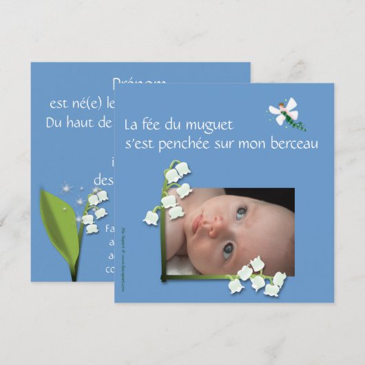 Faire-part naissance muguet et fée felt bleu gris 案内状 (正面/裏面)