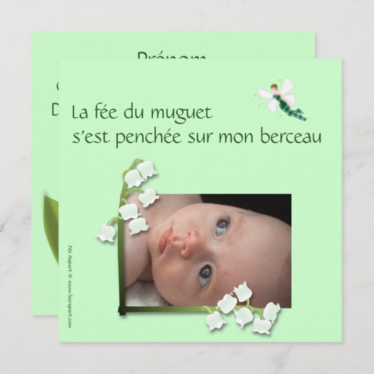 Faire-part naissance muguet et fée felt vert pale 案内状 (正面/裏面)