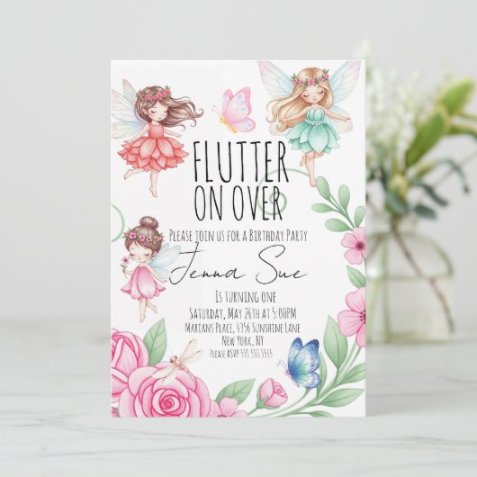 Fairies Butterflies First Birthday Invitation 招待状 (スタンド正面)