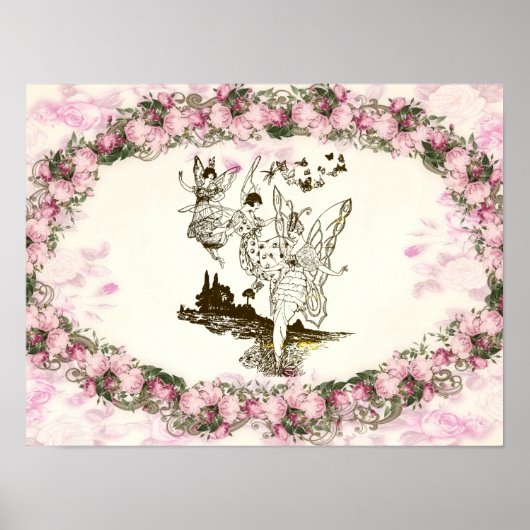 Fairies Dancing Vintage Flowers ポスター (正面)