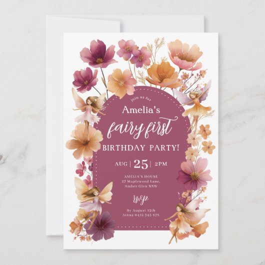 Fairy 1st Birthday Fairy Fall Burgundy Orange 招待状 (正面)