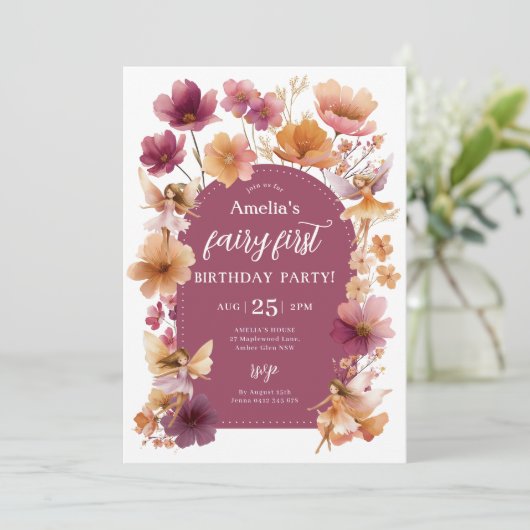 Fairy 1st Birthday Fairy Fall Burgundy Orange 招待状 (スタンド正面)