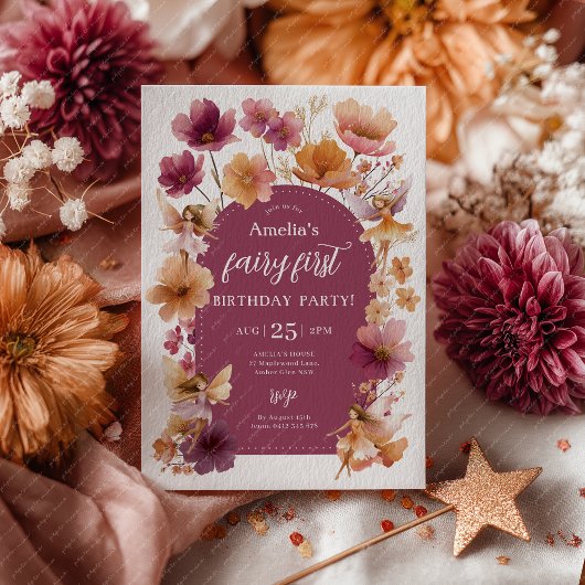 Fairy 1st Birthday Fairy Fall Burgundy Orange 招待状