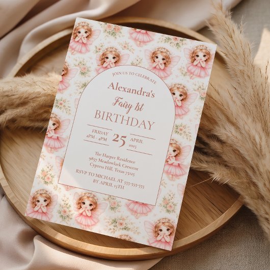 Fairy 1st Birthday Pink Garden 招待状