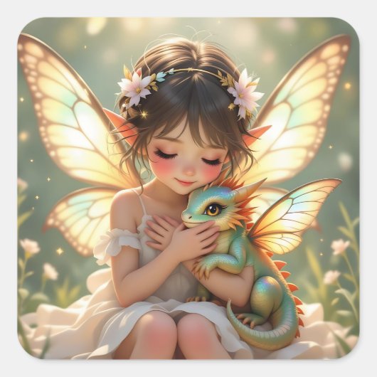 Fairy and Dragon | Chibi Anime Fairy Tale スクエアシール (正面)