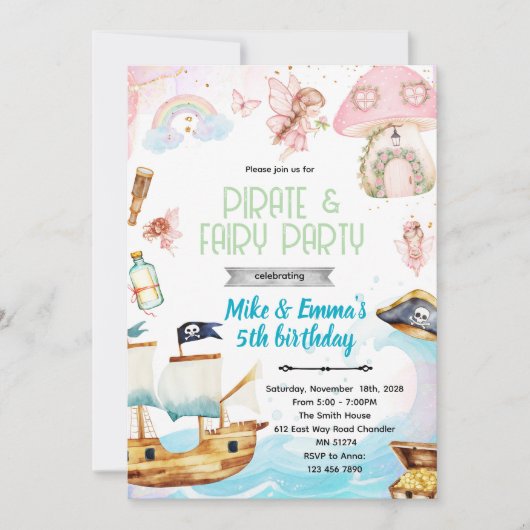 Fairy and Pirate birthday party invitation 招待状 (正面)