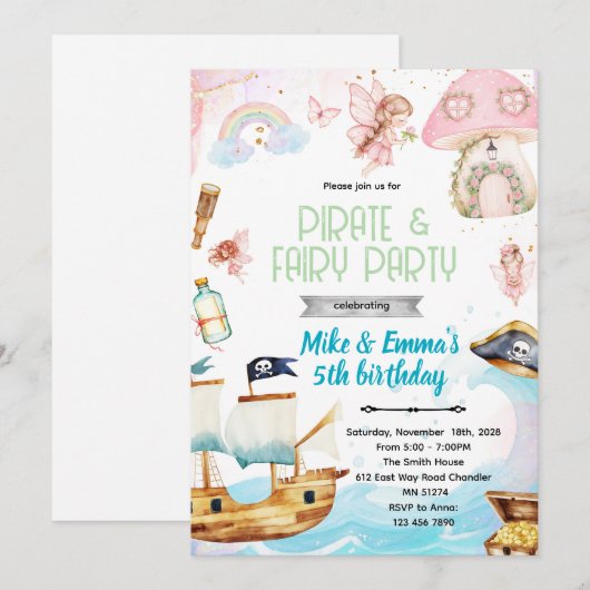 Fairy and Pirate birthday party invitation 招待状 (正面/裏面)