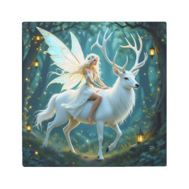 Fairy and White Deer Magical Forest メタルプリント