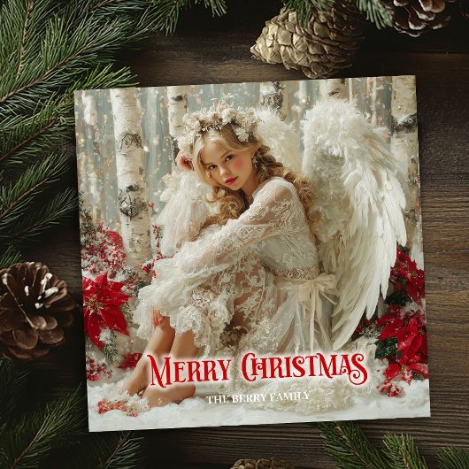 Fairy Christmas angel red poinsettias elegant card シーズンカード