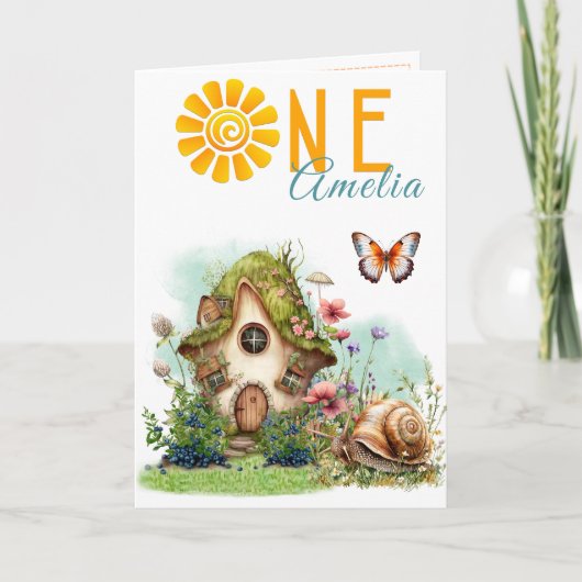 Fairy Cottage Woodland First Birthday Card カード (正面)