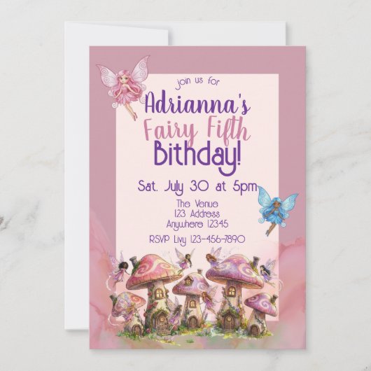 Fairy Fifth, Pink Purple 5th Birthday 招待状 (正面)