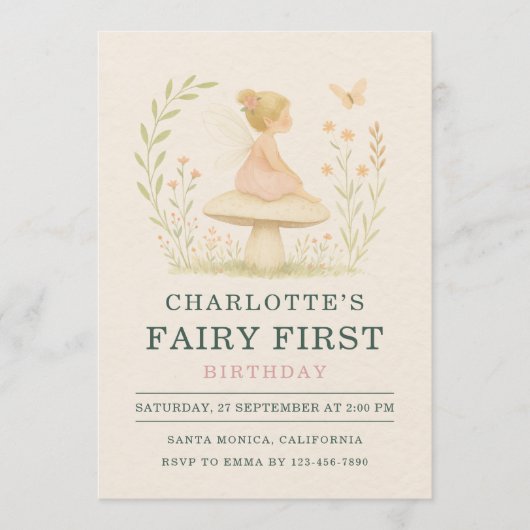 Fairy First 1st Mushroom Birthday Party Invitation 招待状 (正面)