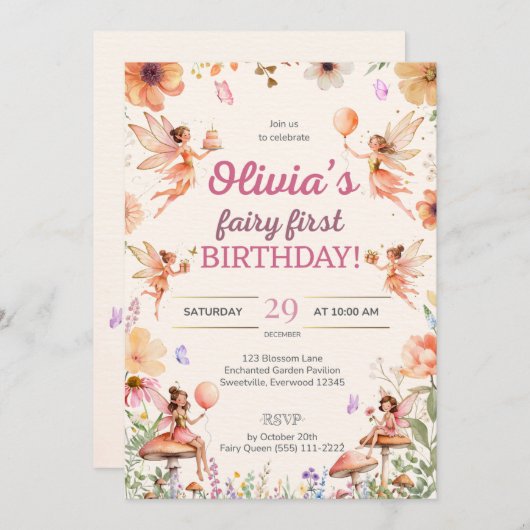 Fairy First Birthday 1st Birthday Invitation 招待状 (正面/裏面)