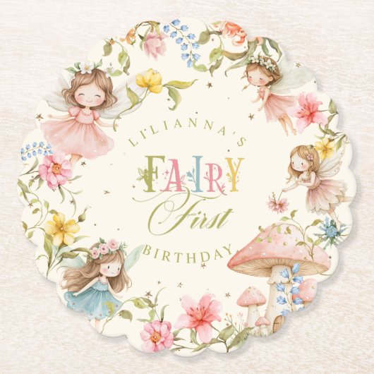 Fairy First Birthday Colorful Bright Wildflower ペーパーコースター (正面)
