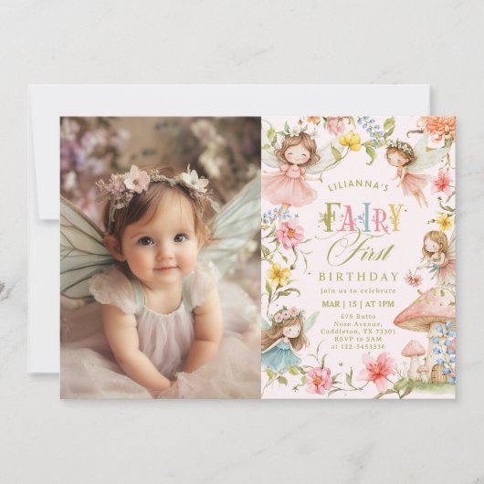 Fairy First Birthday Colorful Enchanted Photo 招待状 (正面)