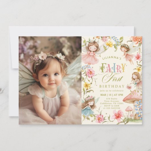 Fairy First Birthday Colorful Enchanted Photo 招待状 (正面)