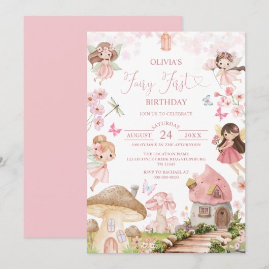 Fairy First Birthday Enchanted forest Invitation 招待状 (正面/裏面)