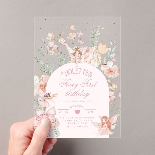 Fairy First Birthday Enchanted garden Whimsical アクリル招待状 (インサイチュ (ポータブル))