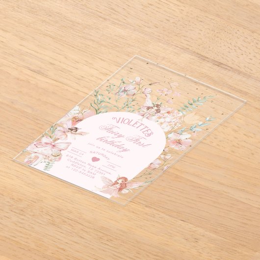 Fairy First Birthday Enchanted garden Whimsical アクリル招待状 (レイダウン)